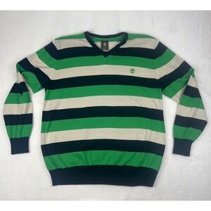 Timberland Mens V Neck Striped Sweater Green Navy Cream XL Regular Fit Cotton